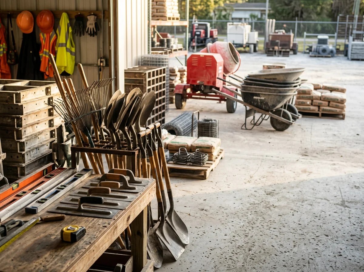 Concrete contractor tools and equipment ready for job site work, showcasing professional trade setup.