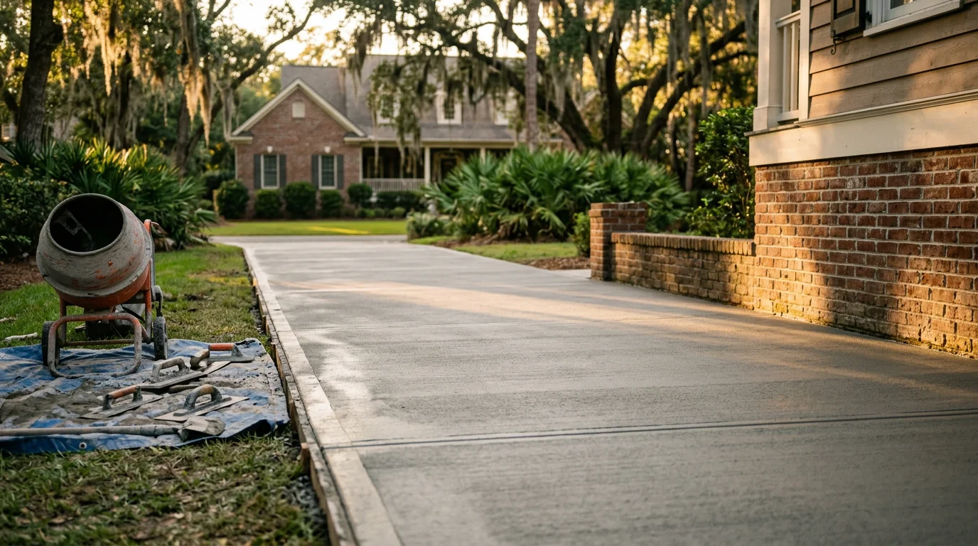 Professional concrete contractor pouring and finishing a residential driveway in Charleston