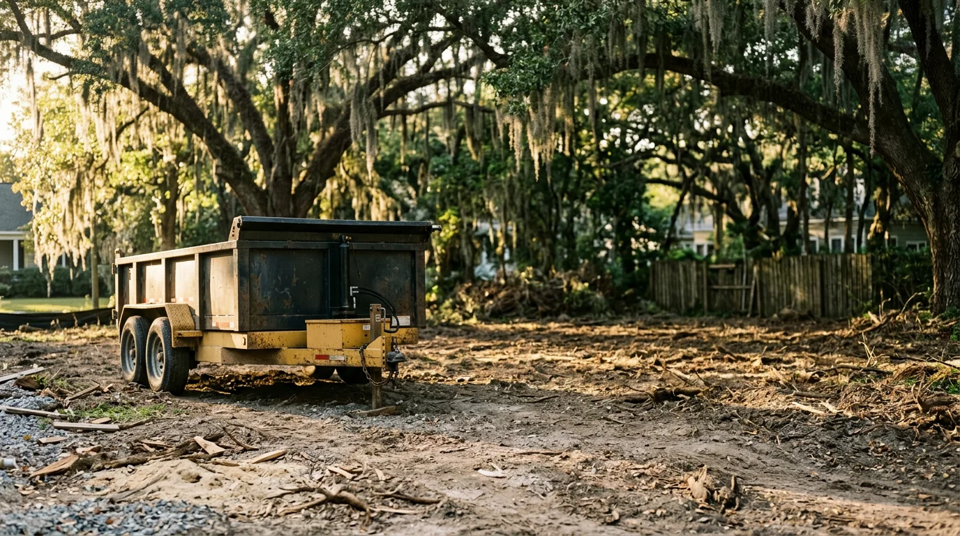 Dump trailer parked at a residential construction site