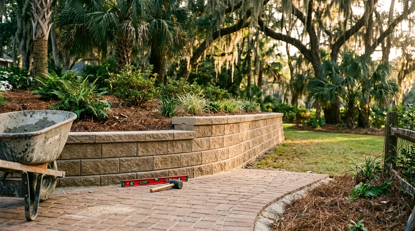 Completed retaining wall and brick paver patio in a residential landscape