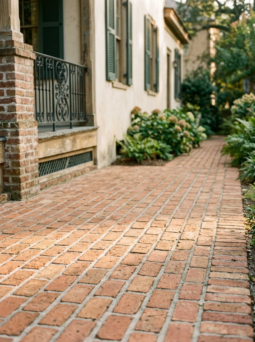 Brick paver walkway installed at a historic Georgetown SC downtown home, with a running bond pattern and clean mortar joints matching the character of the 19th-century property.