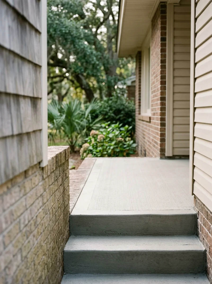 Repaired concrete porch steps on a 1960s ranch-style home on James Island SC, with a smooth broom finish and clean edges at the base of the front entry.