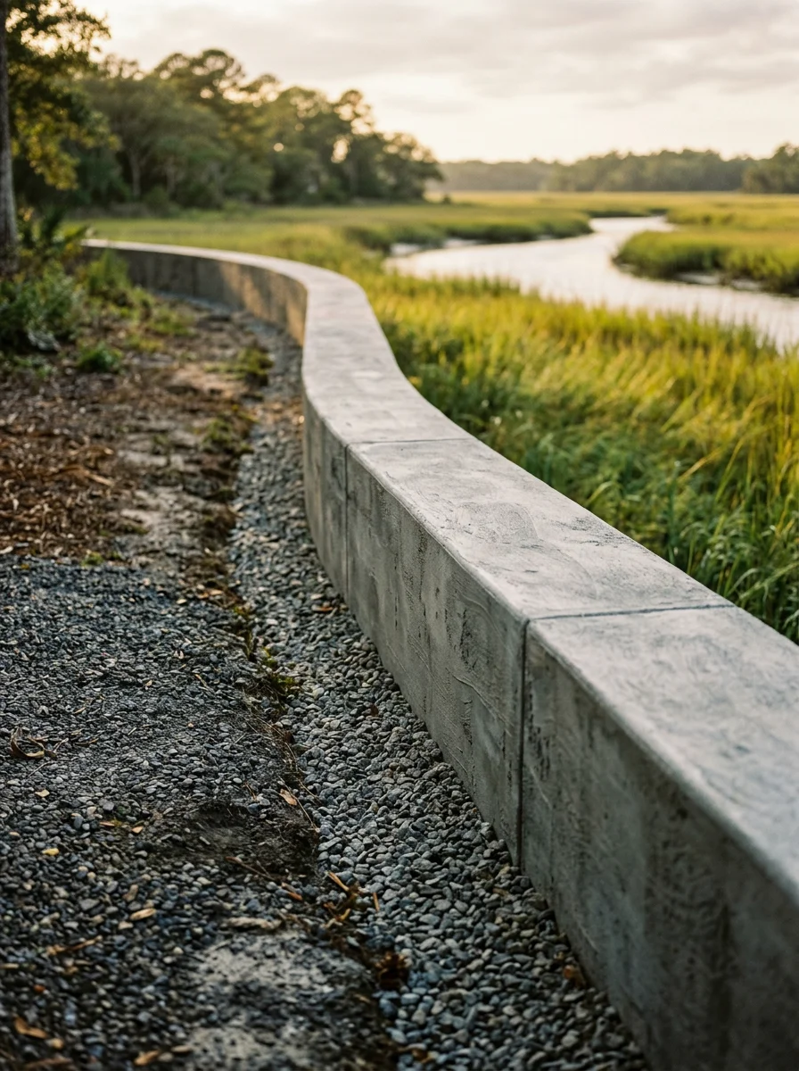 Concrete retaining wall along a tidal creek-adjacent lot on Johns Island SC, with drainage gravel packed behind the wall and marsh grass visible in the background.