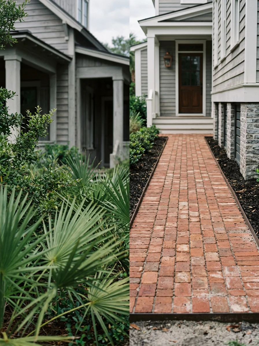 Brick paver walkway installation at a Mount Pleasant SC coastal home, with compacted base visible at the edge and pavers set in a running bond pattern.