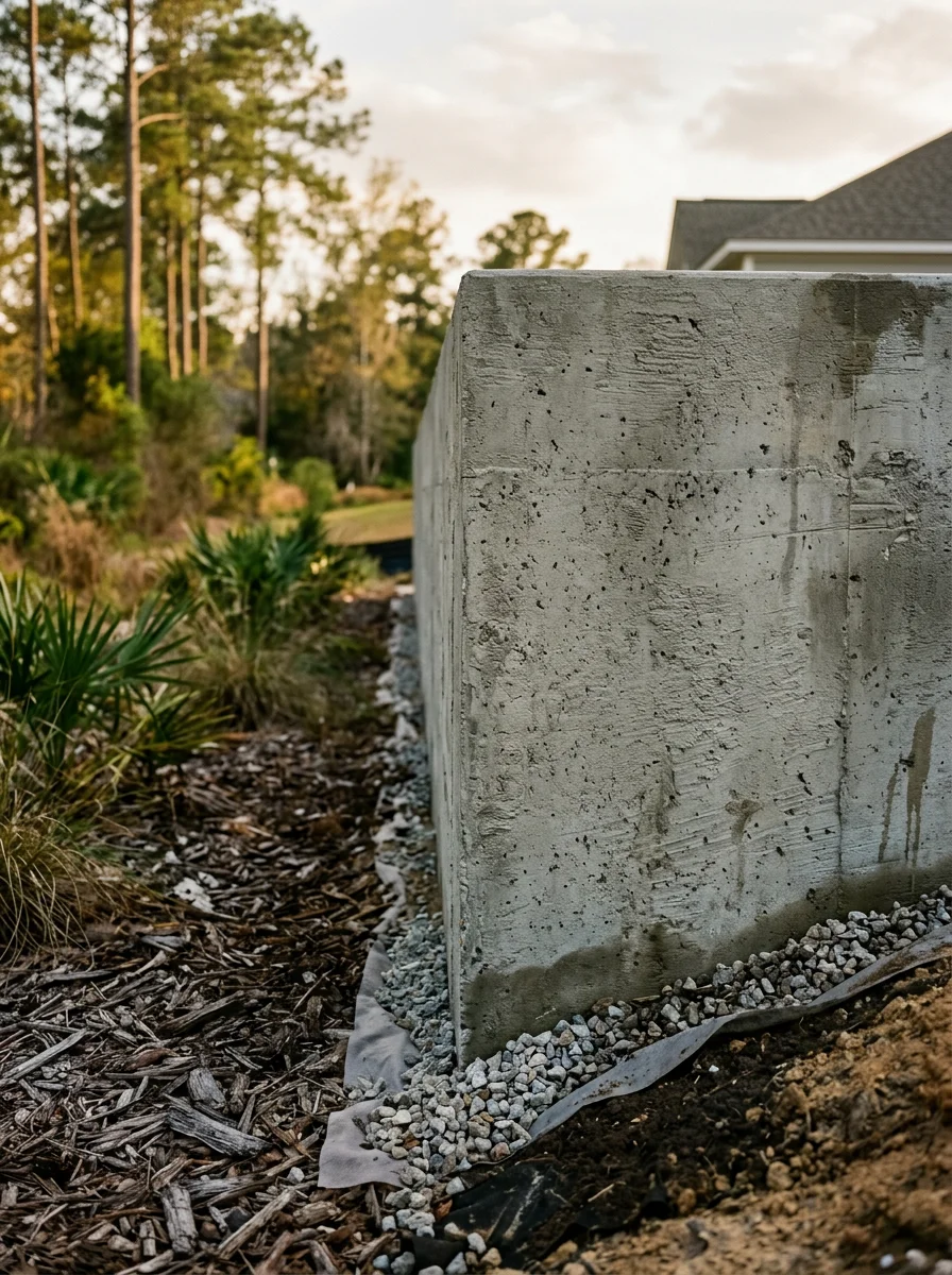 Close-up of a concrete retaining wall with drainage gravel visible behind the base, installed on a flat Goose Creek SC residential lot.