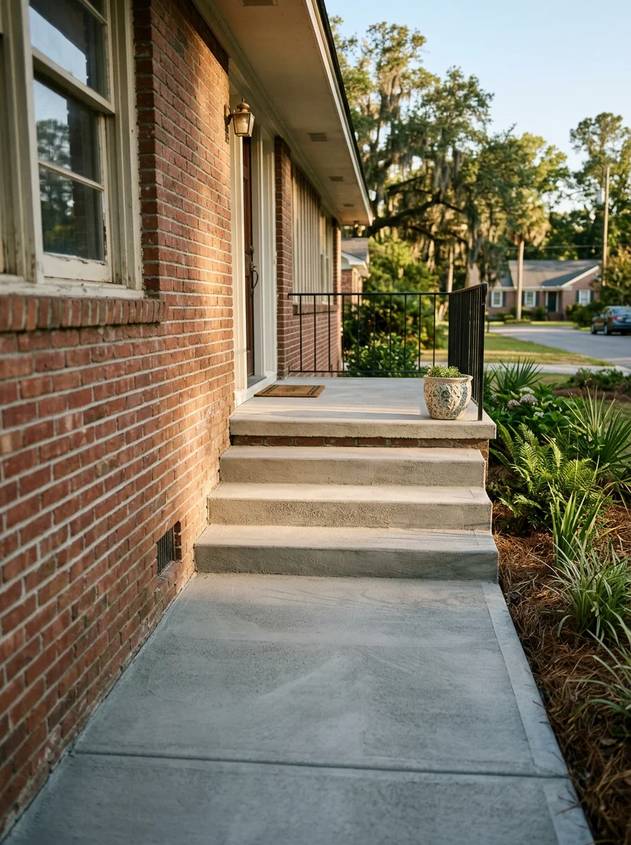 Concrete porch and step replacement on a mid-century Walterboro SC home, showing smooth finished steps with clean risers and a new slab at the front entry.