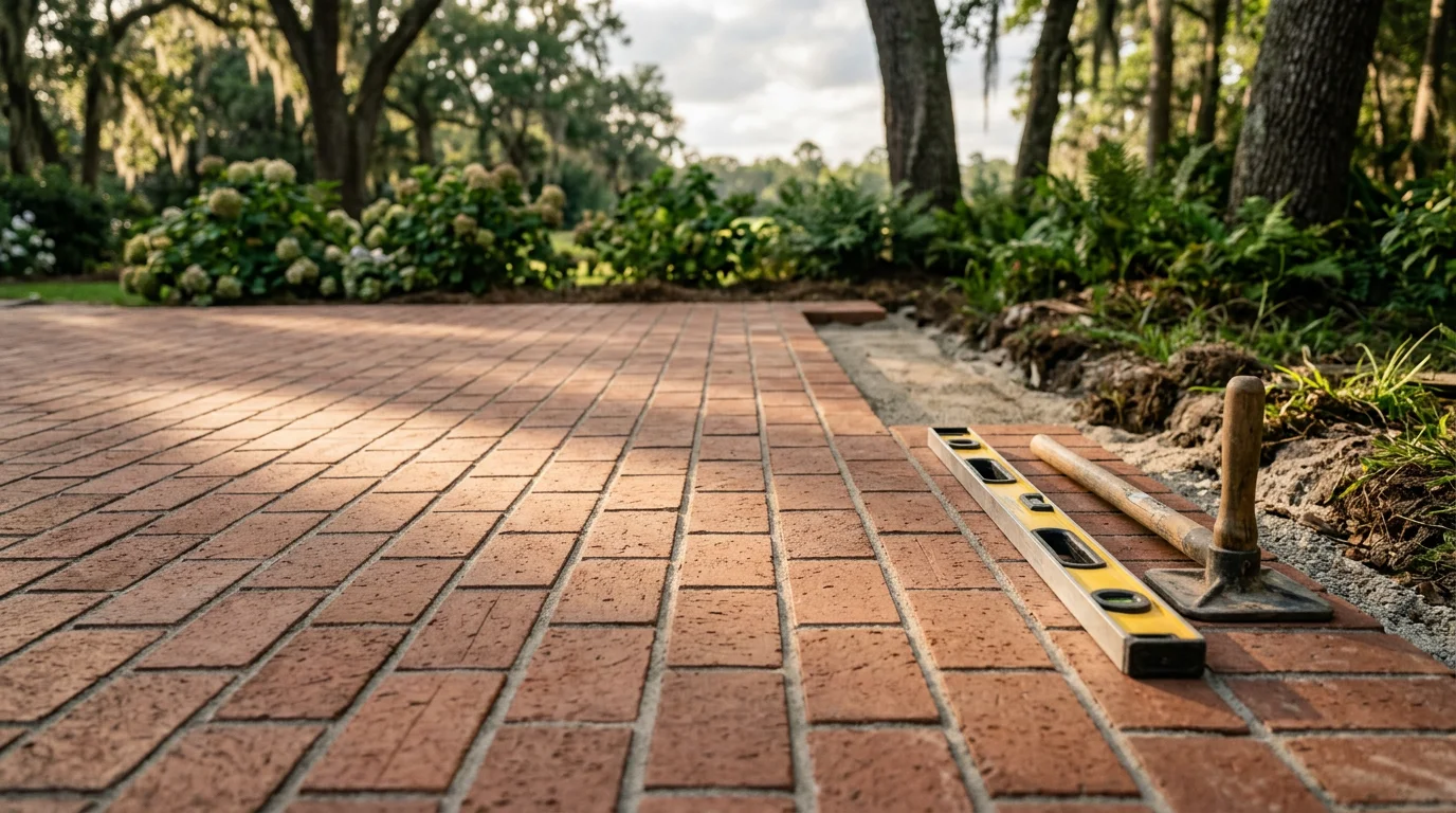 Freshly installed brick paver walkway leading to the front entry of a residential home in Summerville, South Carolina. The pavers are laid in a clean pattern on a compacted base with defined edges and tight joints.