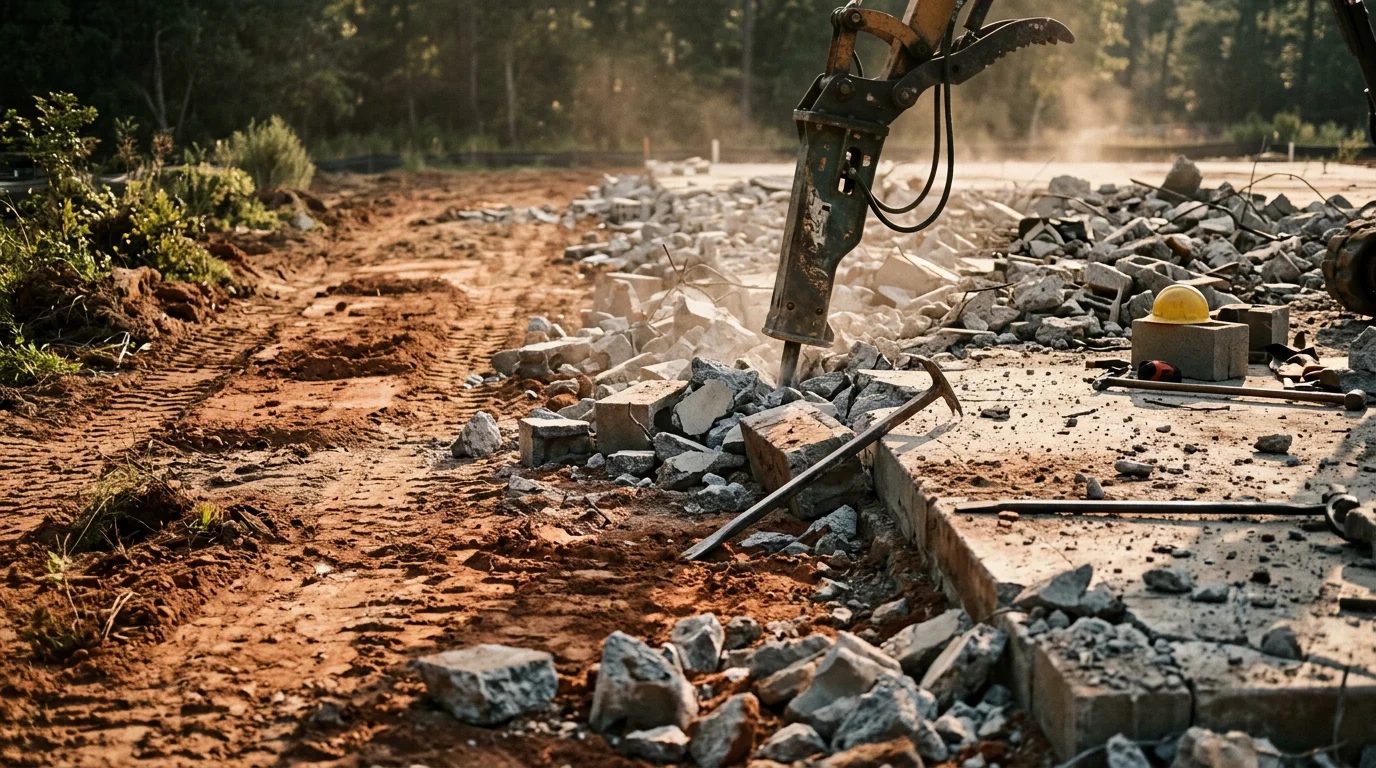 A concrete slab being broken apart and removed at a residential property in Summerville, South Carolina. Chunks of demolished concrete are visible on the cleared ground with equipment in the background.