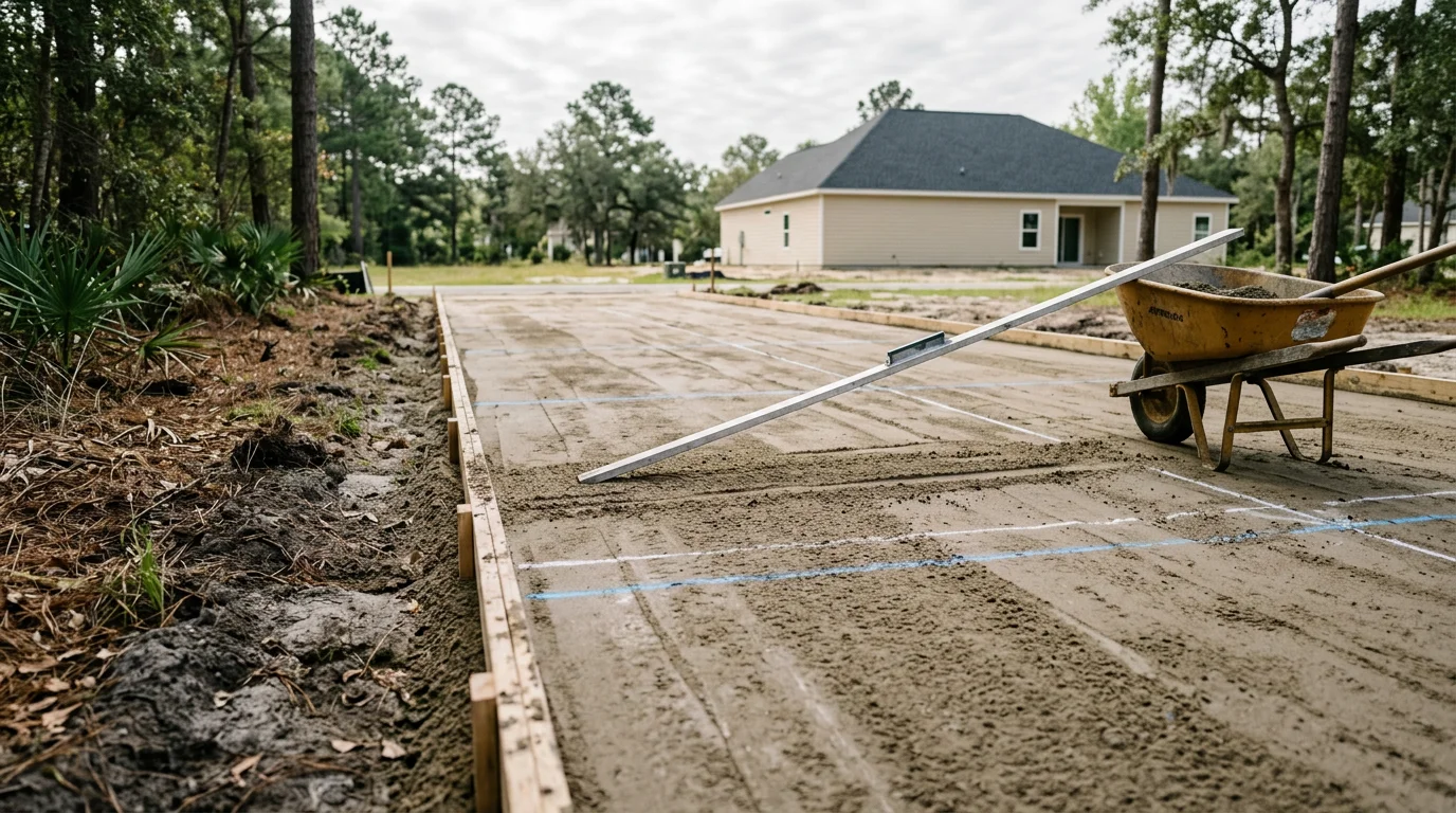 A freshly poured concrete driveway in front of a residential home in Summerville, South Carolina, with clean edges, a smooth finish, and proper grading visible along the sides.
