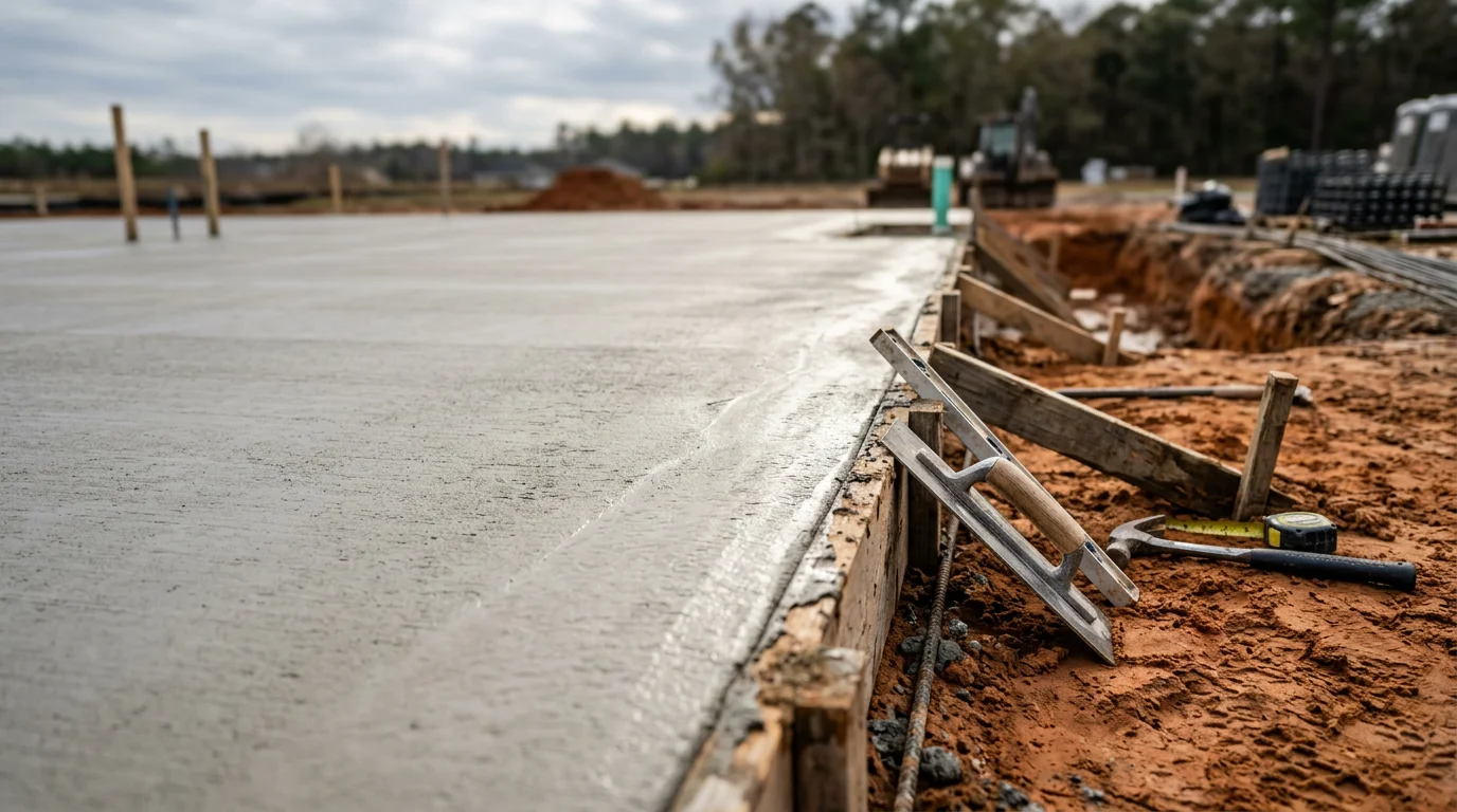 Freshly poured concrete foundation walls on a residential lot in Summerville, South Carolina, with formed footings set into prepared soil. Construction site shows foundation perimeter ready for structural framing in a Lowcountry setting.