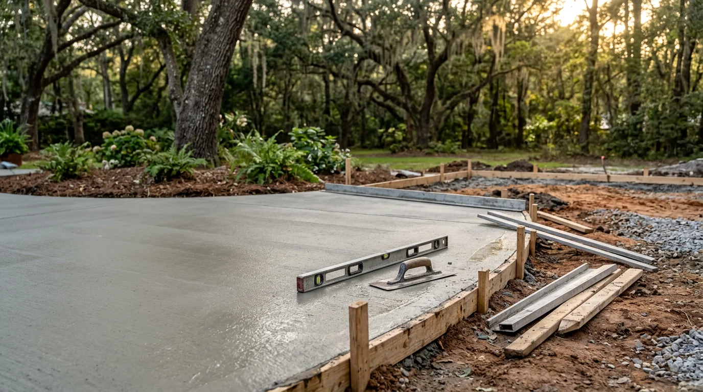 Freshly poured and finished concrete patio in a residential backyard in Summerville, South Carolina. The smooth gray surface is level and edged cleanly, ready for outdoor furniture and entertaining.