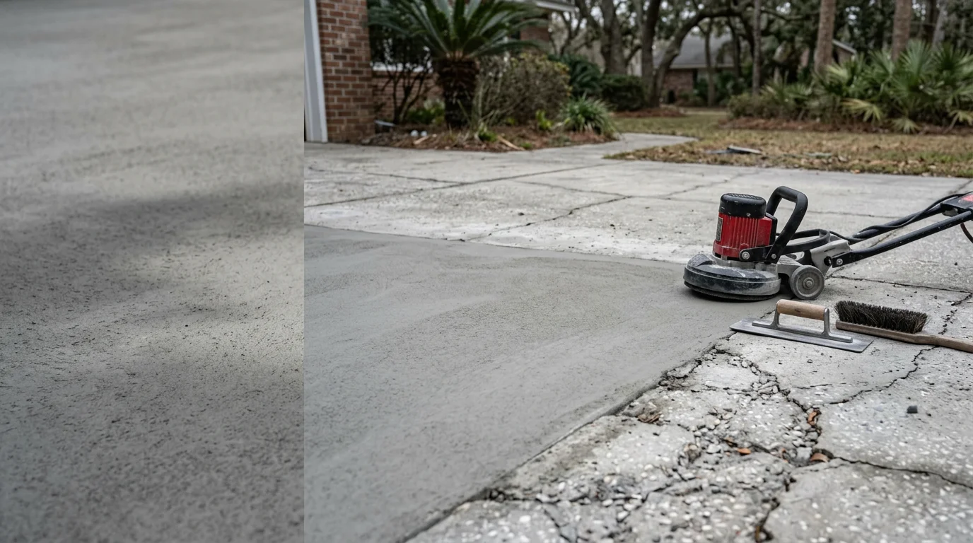 A freshly repaired and finished concrete surface outside a residential property in Summerville, South Carolina, showing a smooth, even finish with no visible cracks or spalling. The repair blends cleanly with the surrounding concrete in a typical Lowcountry home setting.