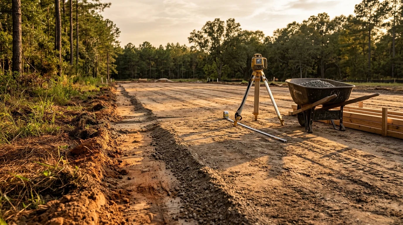 A freshly poured and finished concrete slab at a residential property in Summerville, South Carolina, with smooth edges and clean form lines visible against the surrounding yard. The flat surface is ready for a garage or outbuilding structure in the Lowcountry.