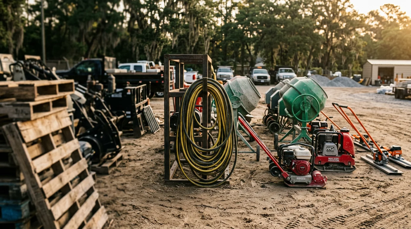 Construction equipment staged on a concrete job site in Summerville, South Carolina, ready for a residential slab pour. A skid steer and concrete finishing tools are visible on clay-heavy ground typical of the Lowcountry.