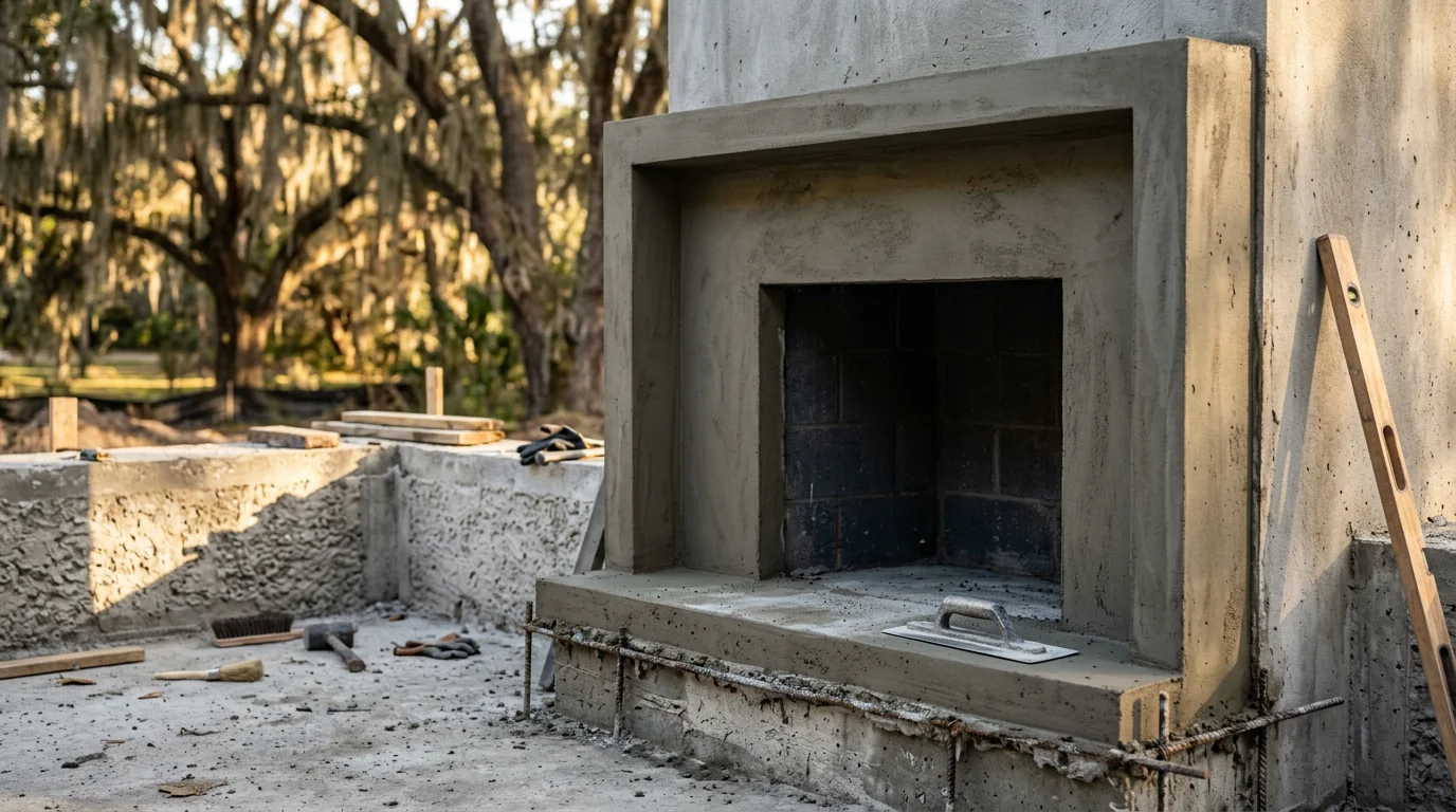 A finished custom concrete fireplace built by CMJ Concrete at a residential property in the Summerville and Charleston area. The structure shows a smooth formed concrete surround and reinforced cap suited for the Lowcountry climate.