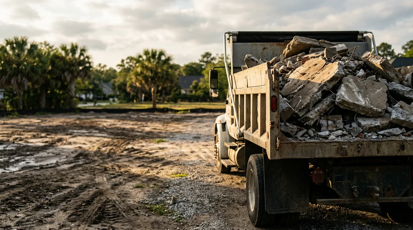 A cleared concrete job site in Summerville, South Carolina with broken slab debris loaded into a haul-off truck. The surrounding ground is clean and free of rubble after a CMJ Concrete debris removal.