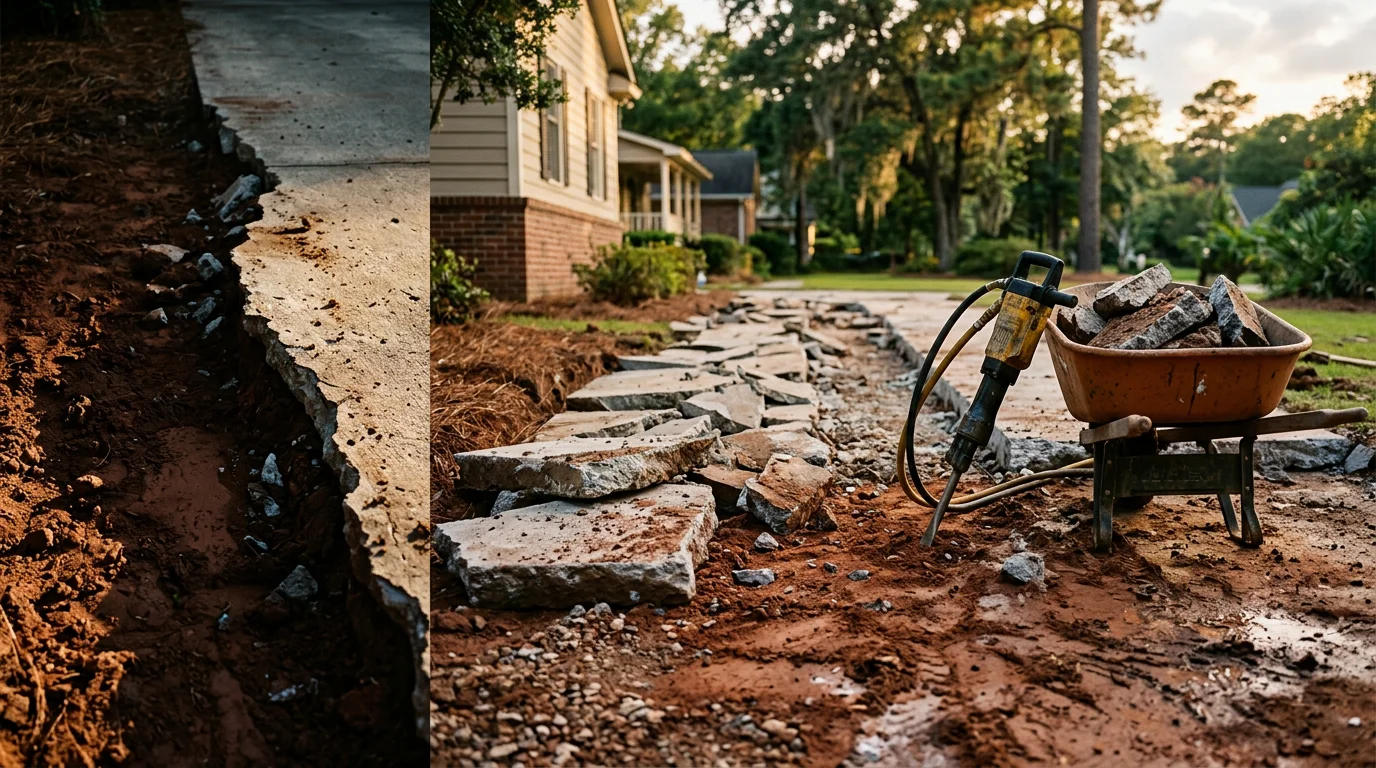 Broken concrete driveway slab being removed from a residential property in Summerville, South Carolina. Chunks of old concrete are cleared from the site, leaving a clean, open surface ready for grading.