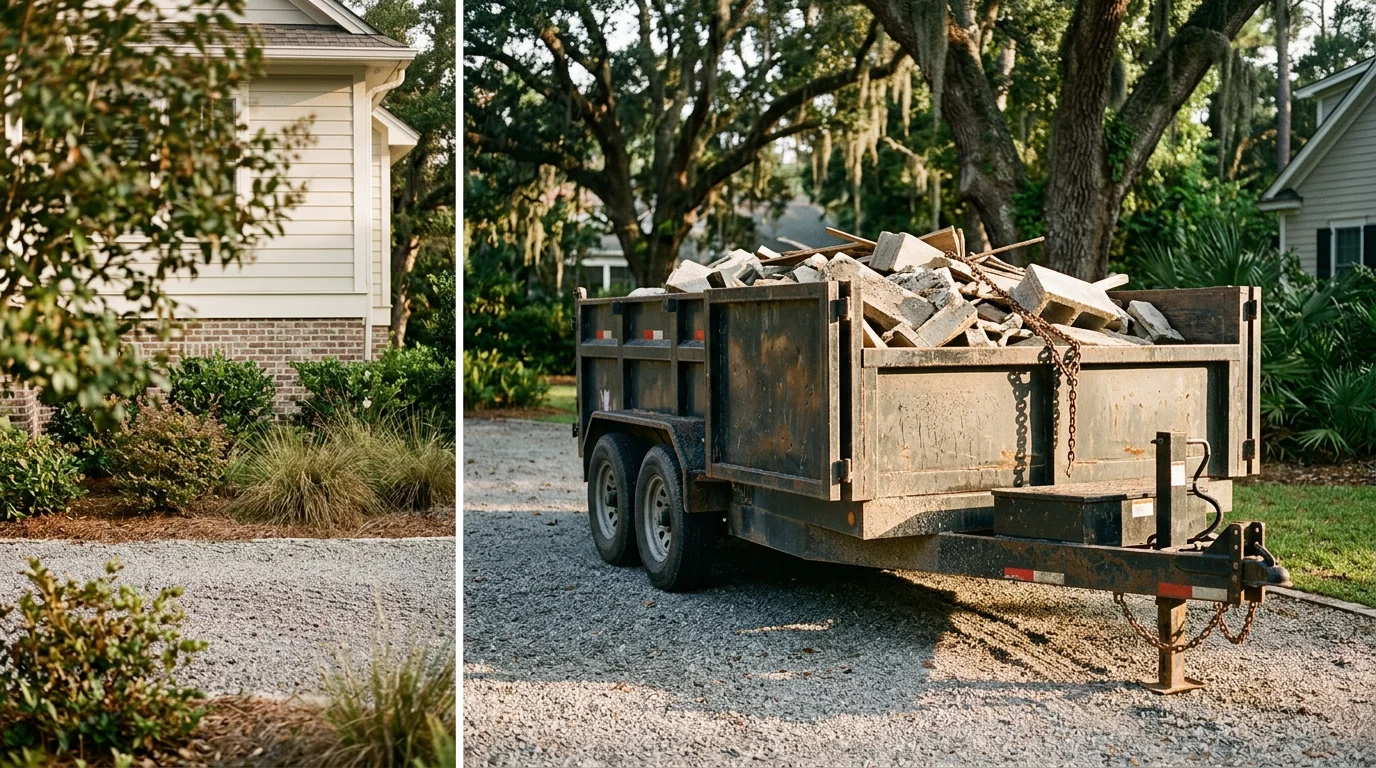 A dump trailer parked on a residential property in Summerville, South Carolina, loaded with yard debris and concrete rubble ready for removal. The surrounding lot shows a cleared work area typical of Lowcountry home renovation and cleanup projects.