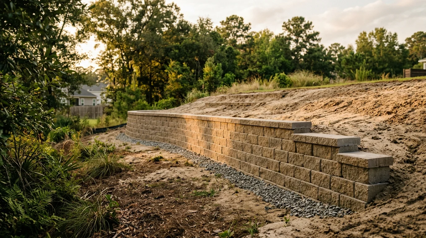 A finished concrete landscape wall terracing a sloped residential backyard in Summerville, South Carolina, with level planting beds and clean block courses stepping down the grade. The wall holds back dark soil on a sunny day with a typical Lowcountry residential home visible in the background.