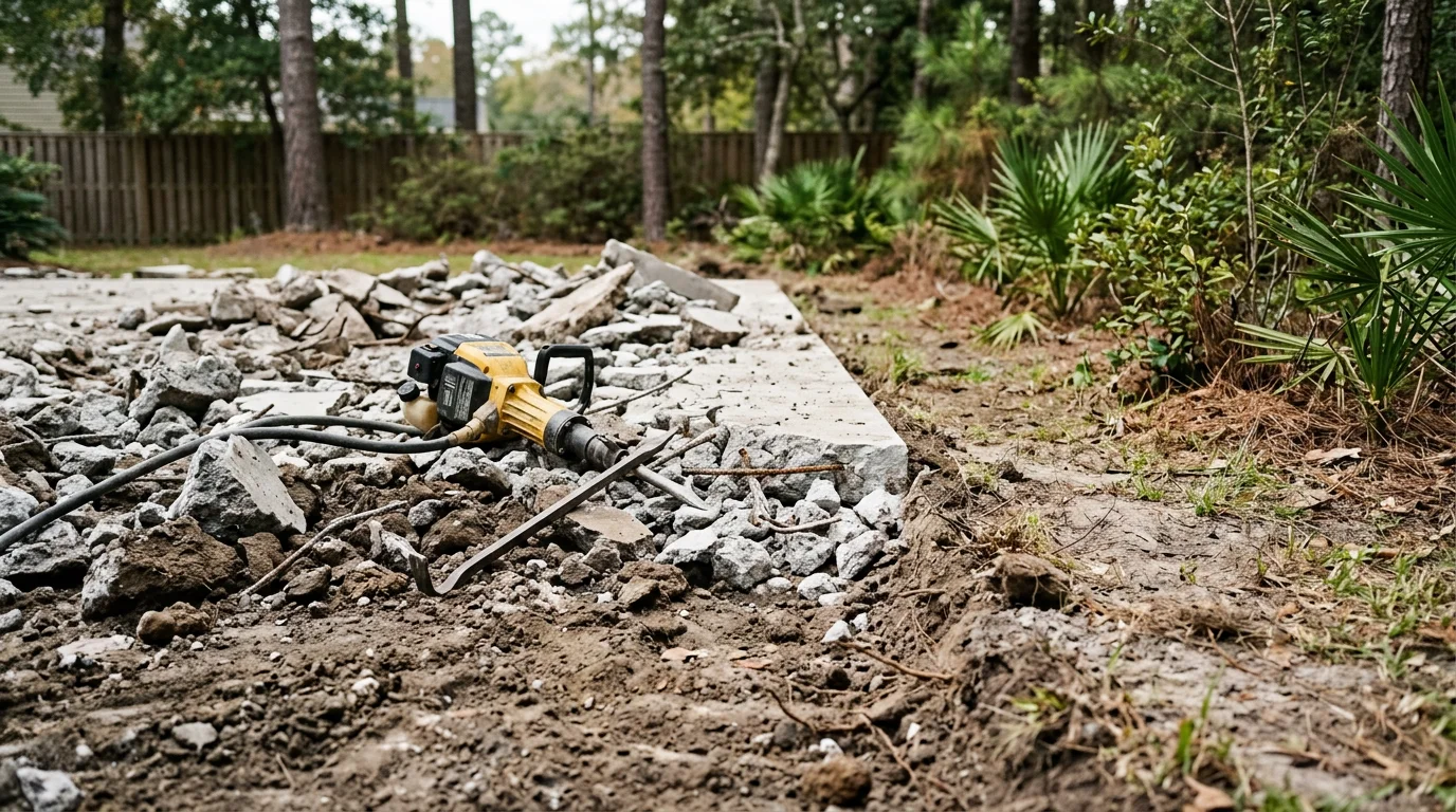A concrete patio slab broken into large sections during demolition in a residential backyard in Summerville, South Carolina. Chunks of removed concrete are stacked near the cleared ground, ready for haul-off.