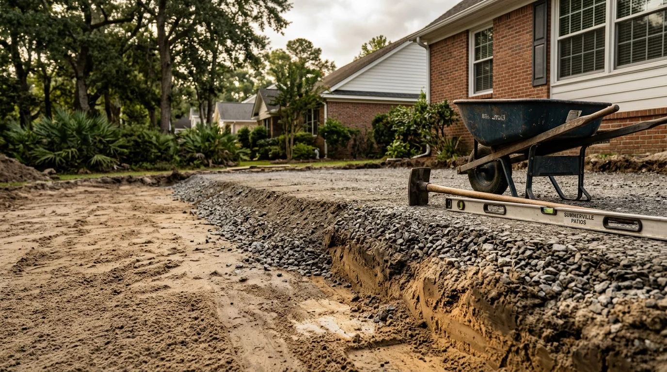 A completed paver patio installed in a residential backyard in Summerville, South Carolina, showing a flat, level surface with tight joints and clean edges. The patio extends from the back of a single-family home across a graded yard, with surrounding lawn visible.