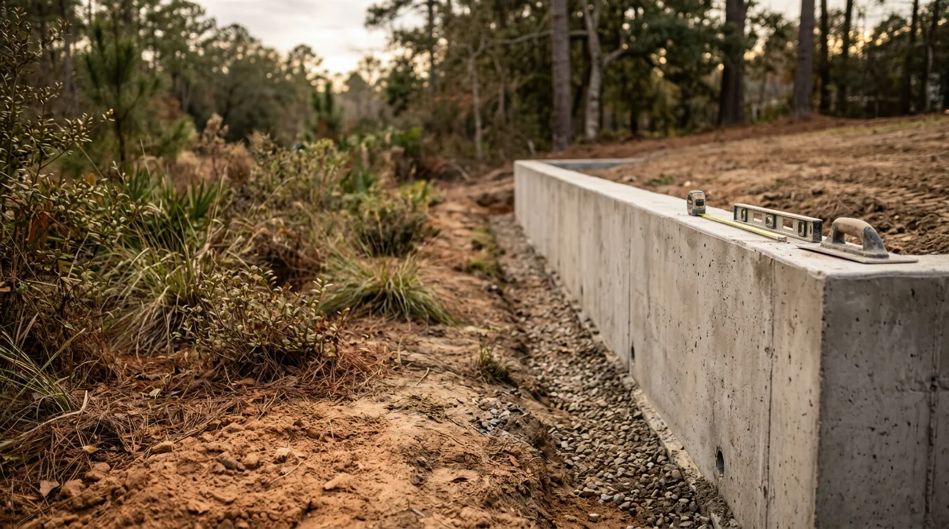 A concrete retaining wall holding back a sloped residential yard in the Summerville, South Carolina area. The wall creates a level ground surface behind it, with a grass lawn visible above and a clean concrete face visible from the lower yard.