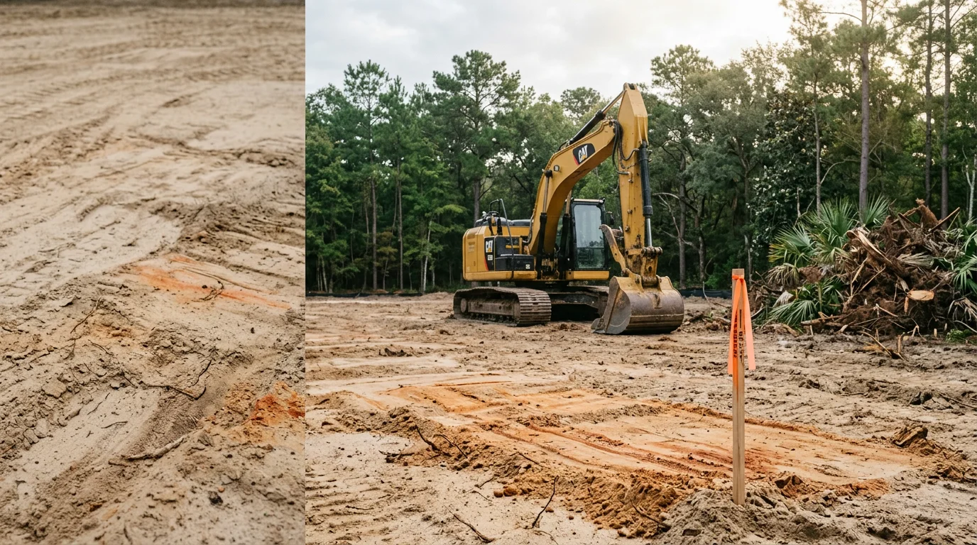A cleared and graded residential lot in Summerville, South Carolina, with stumps and vegetation removed and bare soil leveled and ready for concrete work. The flat, open ground shows a clean building footprint typical of Lowcountry site preparation before a slab pour.